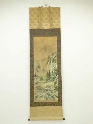 松観筆　彩色山水　肉筆絹本掛軸（共箱）